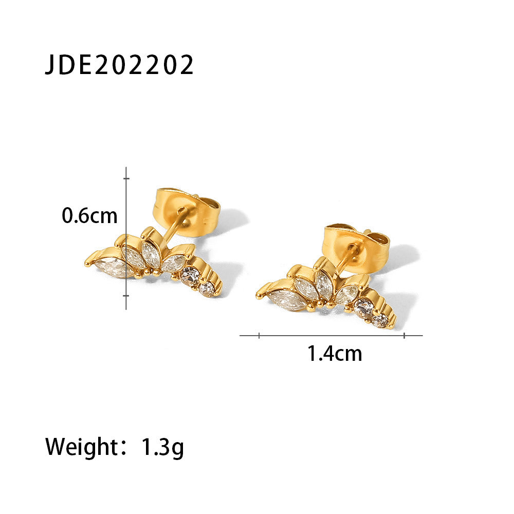 5pcs Titanium Steel Earrings Women's Fashion All-Match 18K Gold Stainless Steel Flower Zircon Earrings Earrings