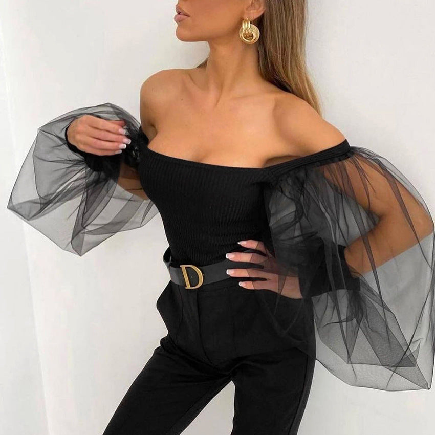 Spring New Sexy One-Line Collar Black Gauze Long-Sleeved Puffy Sleeve Top Niche