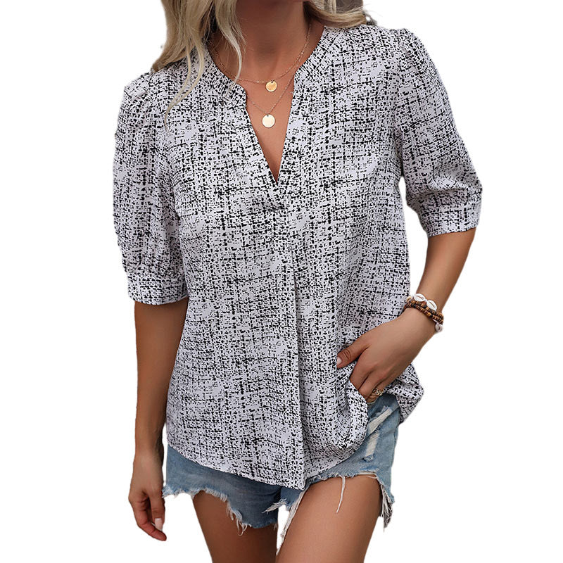 Spring And Summer Stand Collar Short-Sleeved Shirt New Women's Blouse Ali Hot Sell V-Neck Plaid Blouse