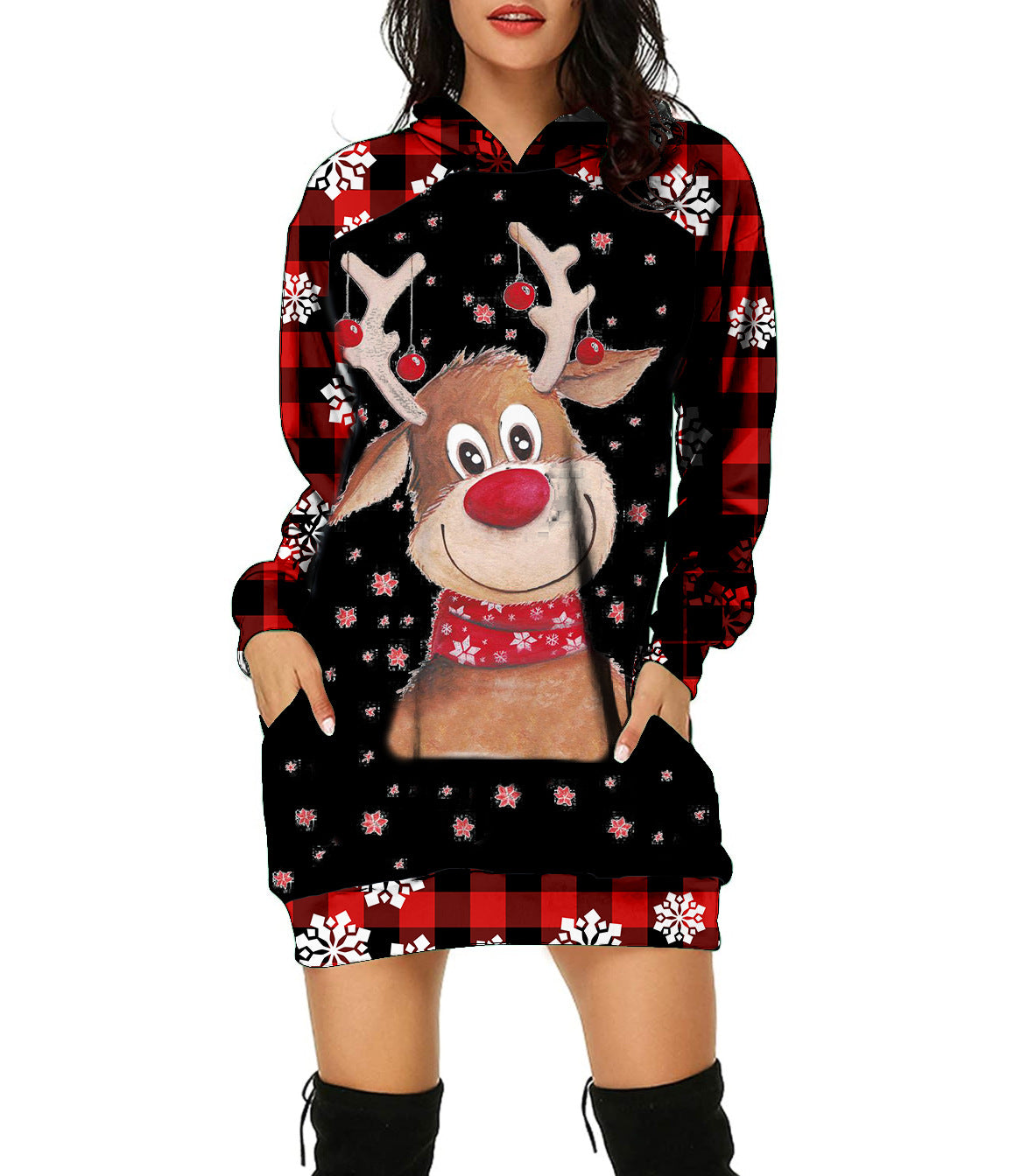 New Christmas Hoodie Moose 3D Printed Long Hoodie Autumn Loose Hoodie Dress