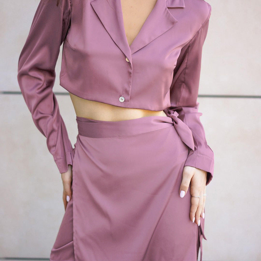 Purple Cropped Cropped Top Slim-Fit Wrap Hip Skirt Set Spring Two-Piece Set