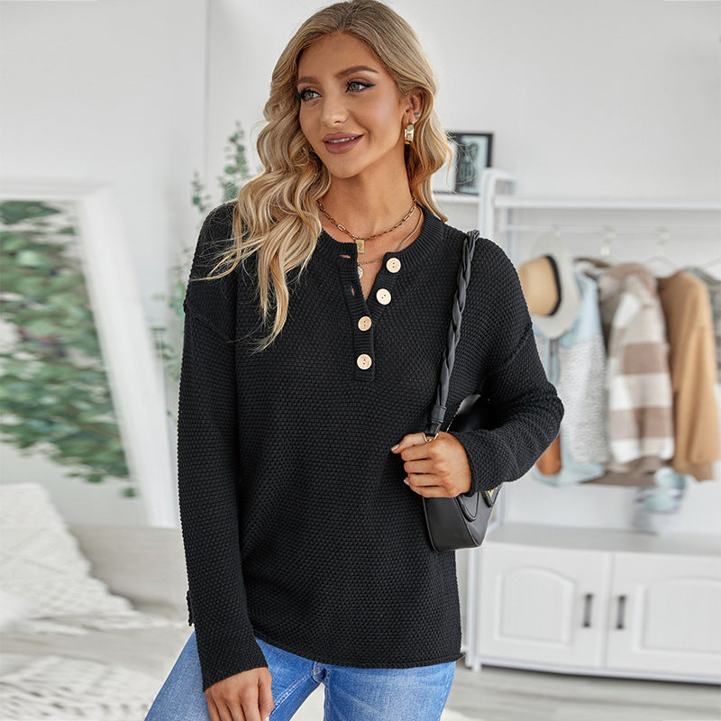 Autumn And Winter New Solid Color Long Sleeve Sweater Women Button-Down Bottom Shirt