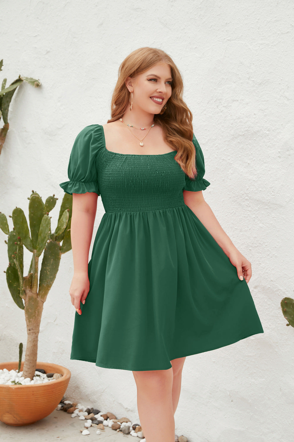 Women's Plus-Size Solid Color Leisure Vacation Dress Travel Square Collar Dress With Puffy Sleeves