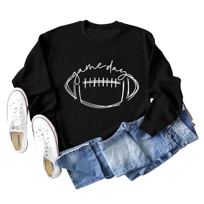 Game Day Rugby Letter-Printed Crew-Neck Fashion Long-Sleeved Hoodie With Base