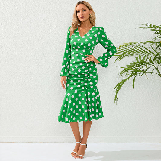 Sexy Polka Dot V-Neck Long-Sleeved Dress Pleated Fishtail Skirt Slim Temperament Long Skirt Women Plus Size