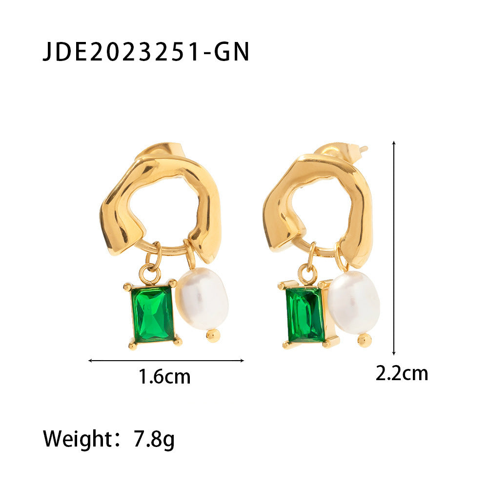 5pcs 18K Gold-Plated Stainless Steel Inlaid With White Green Zircon Natural Light Pearl Pendant Earrings For Women