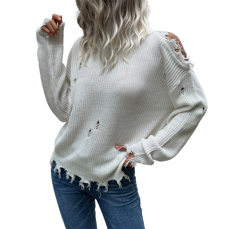 New Autumn And Winter Fashion Women's Shabby Long-Sleeved Hollowed Out White Turtleneck Sweater