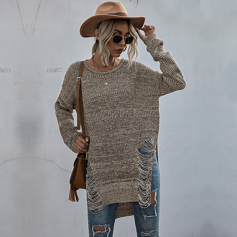 Solid Color Long Sleeve Round Neck Hole Knitting Mori Sweater Female Autumn