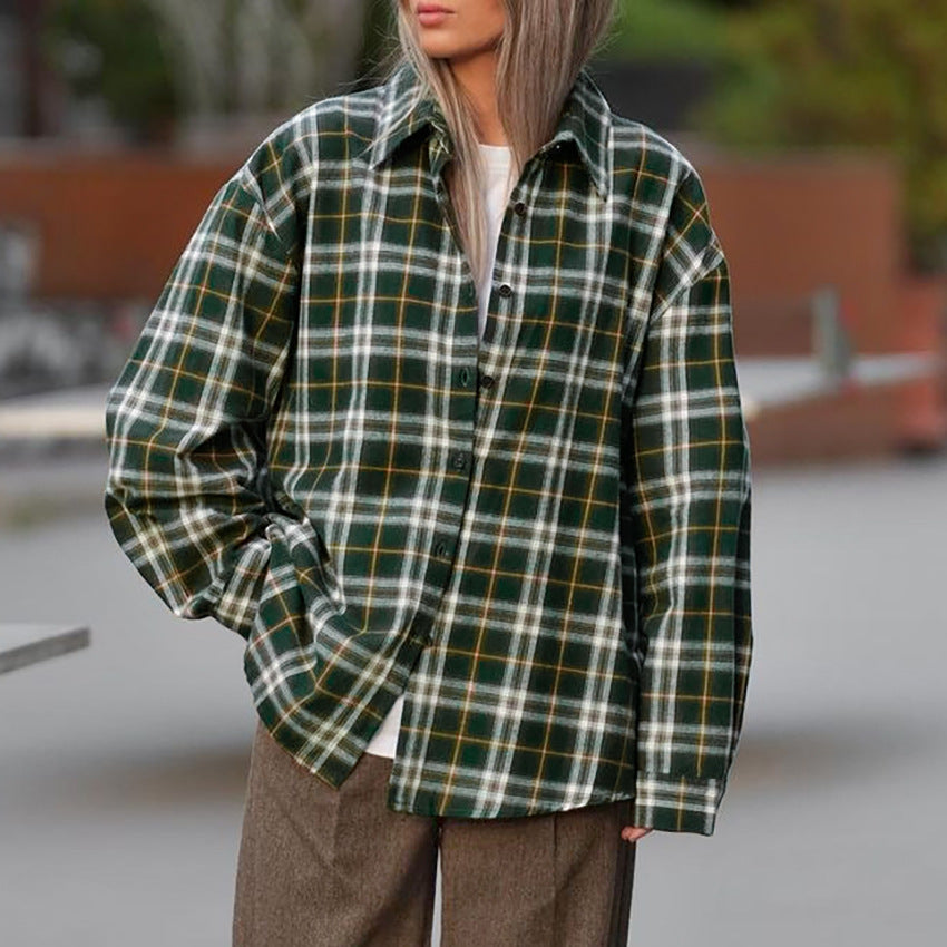 Retro Green Niche Cotton Plaid Shirt Long Sleeve Lapel Loose Shirt For Autumn And Winter New