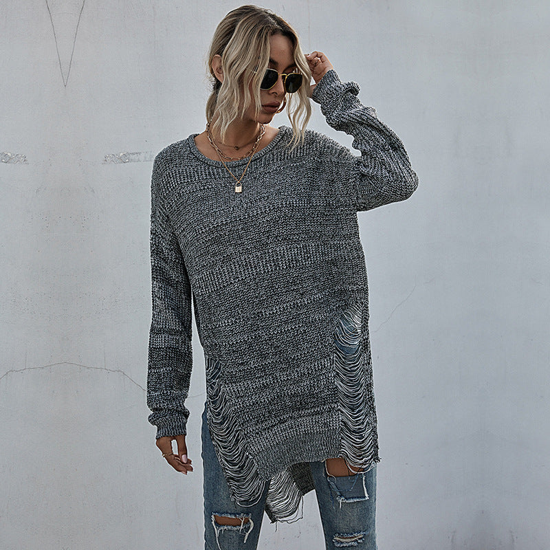 Solid Color Long Sleeve Round Neck Hole Knitting Mori Sweater Female Autumn