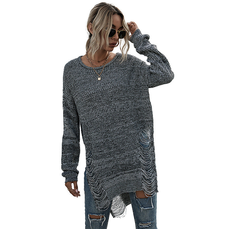 Solid Color Long Sleeve Round Neck Hole Knitting Mori Sweater Female Autumn