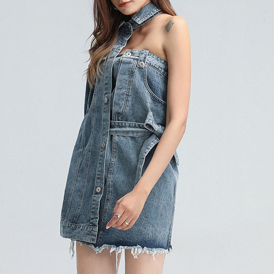 New Fashion Temperament Personality Street Style Lapel Sexy Off-The-Shoulder Asymmetrical Lace-Up Short Dress Woman