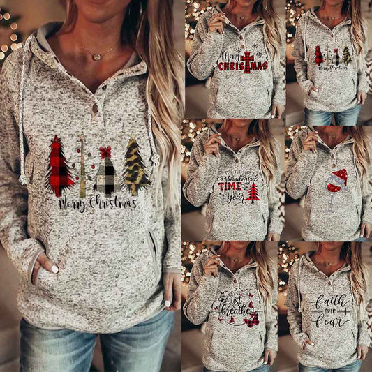 New Female Hoodie Large Size Christmas Print Hoodie