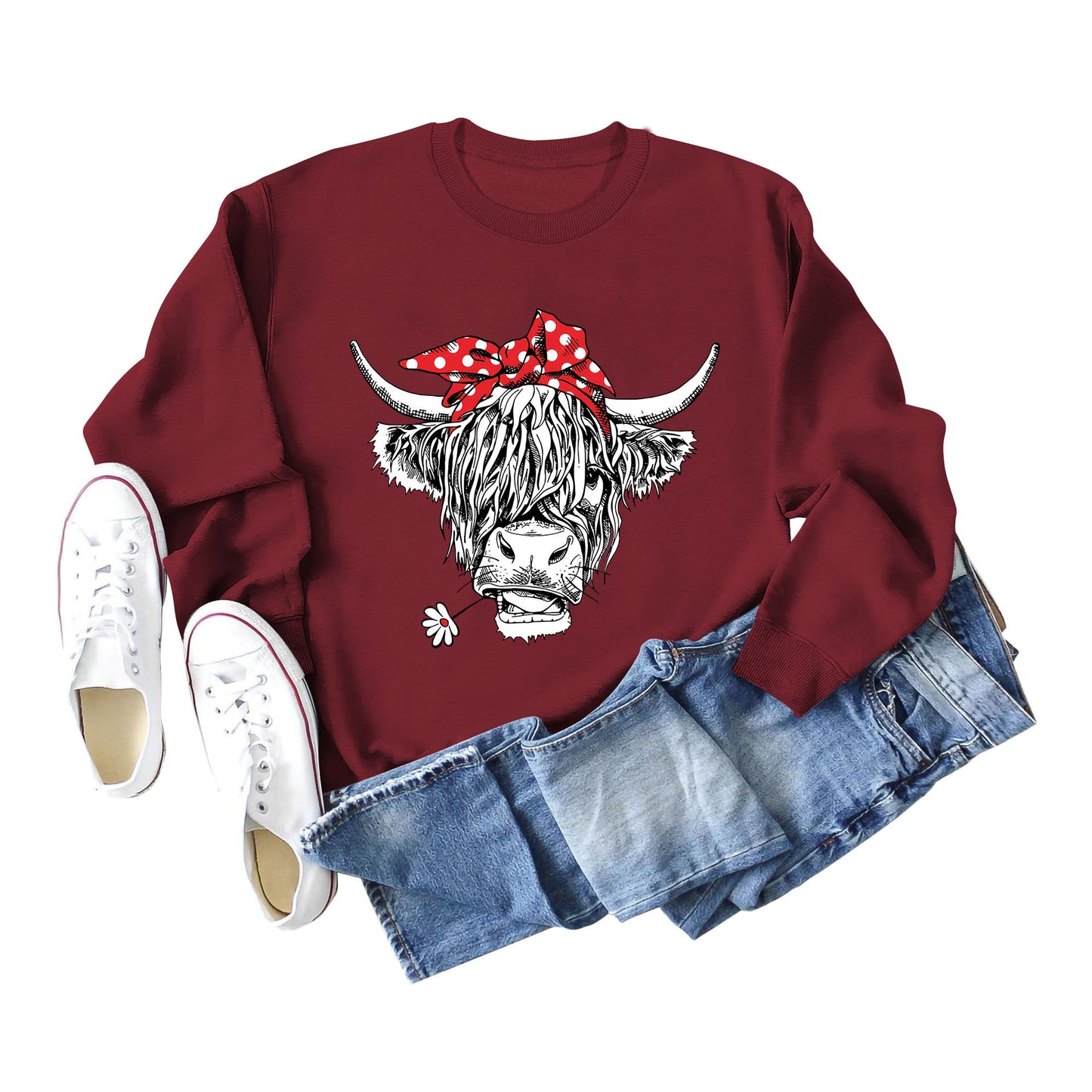 Casual Long Sleeve Crewneck Red Bow Cow Fun Print Loose Women's Hoodie