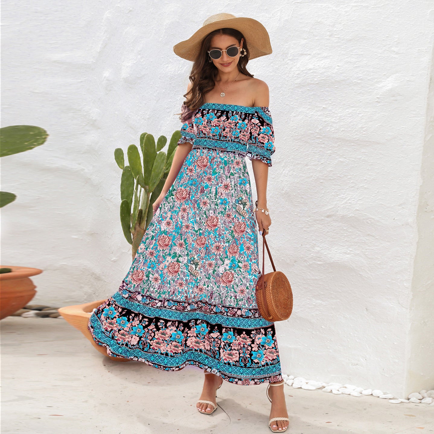 Bohemian Beach Holiday Dress One-Shoulder Puff Sleeve Long Dress