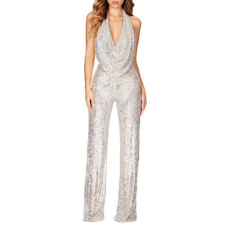 New Summer Jumpsuit Women Sleeveless Halter Sequin Jumpsuit Women