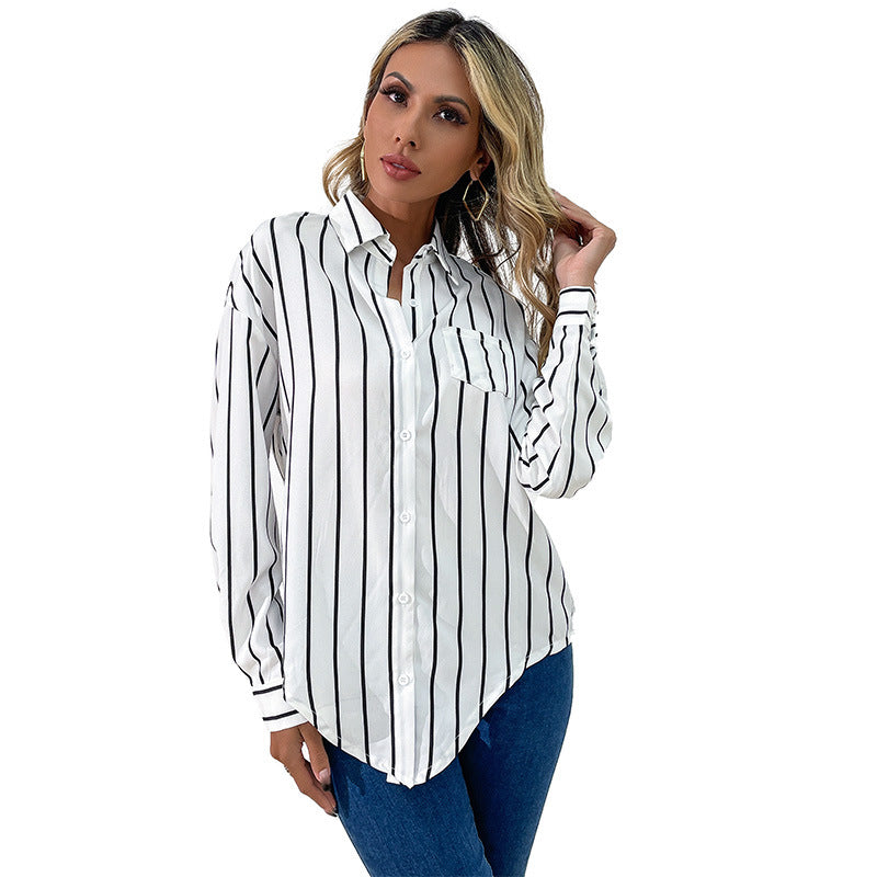 New Professional Women's Loose Lapel White Striped Shirt