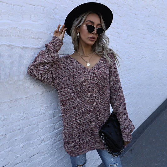 Women's Long-Sleeved Loose V-Neck Sweater with Mixed Colors