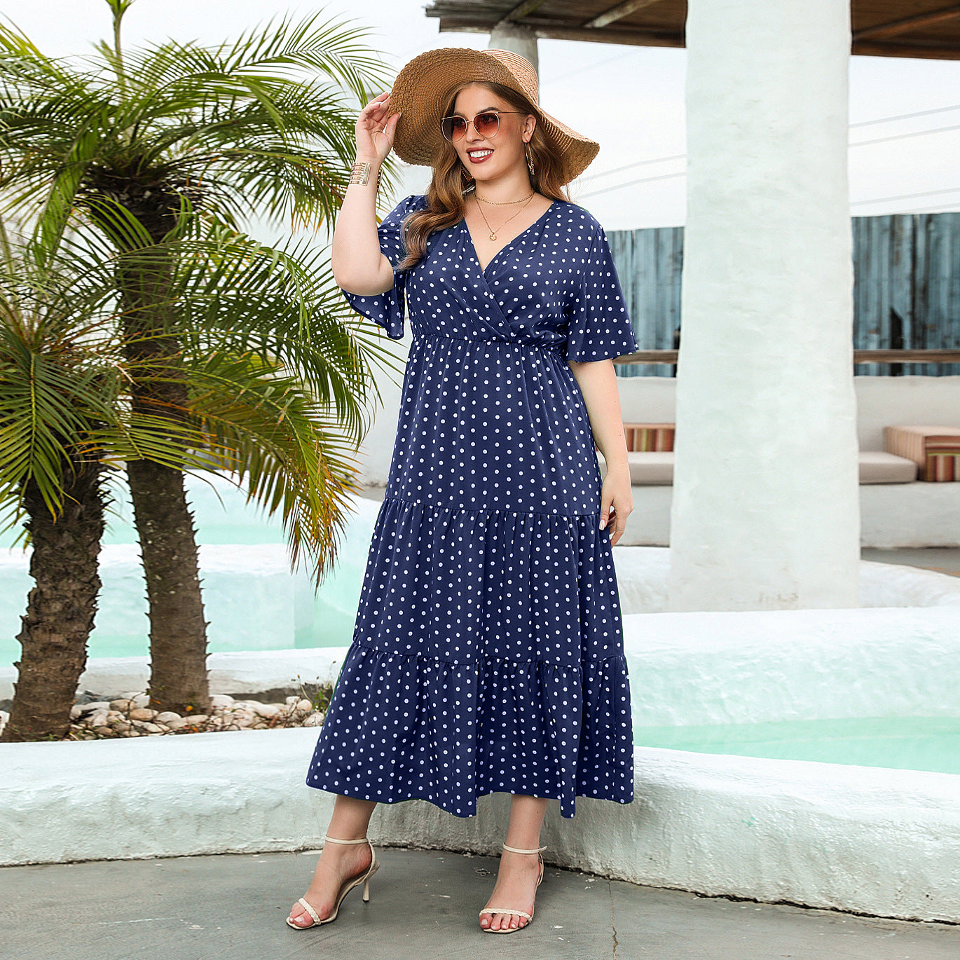 Summer Plus-Size Women's Plus-Size Polka Dot Casual Holiday Dress V-Neck Elegant Swing Midi Skirt