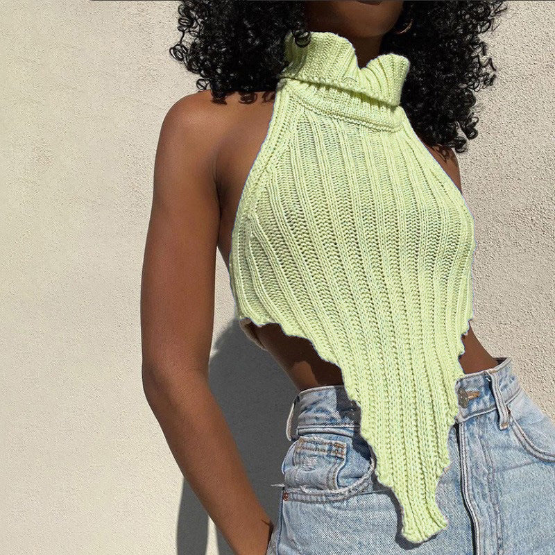 Sexy Backless Turtleneck Irregular Knit Vest Summer Slim-Fit Sweater