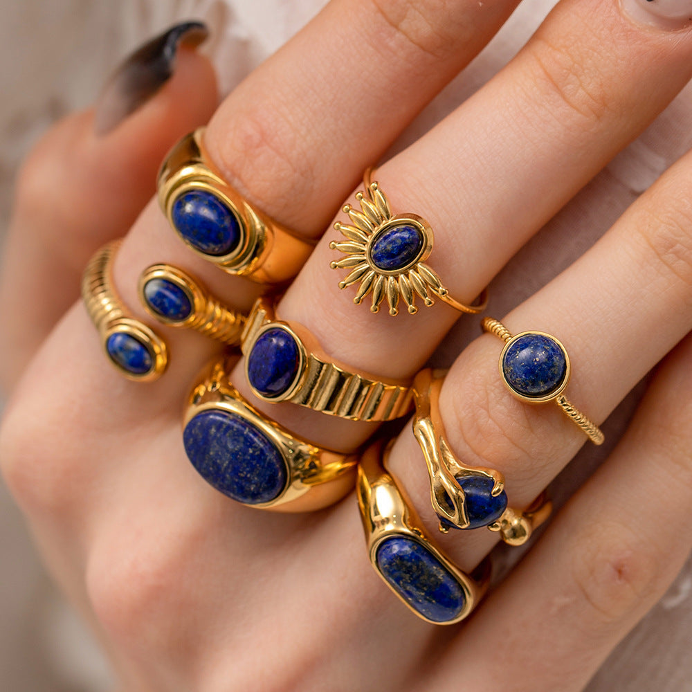 5pcs Palace Retro Titanium Steel Ring Jewelry High-Grade Sense Of Light Luxury Small Lapis Lazuli Necklace