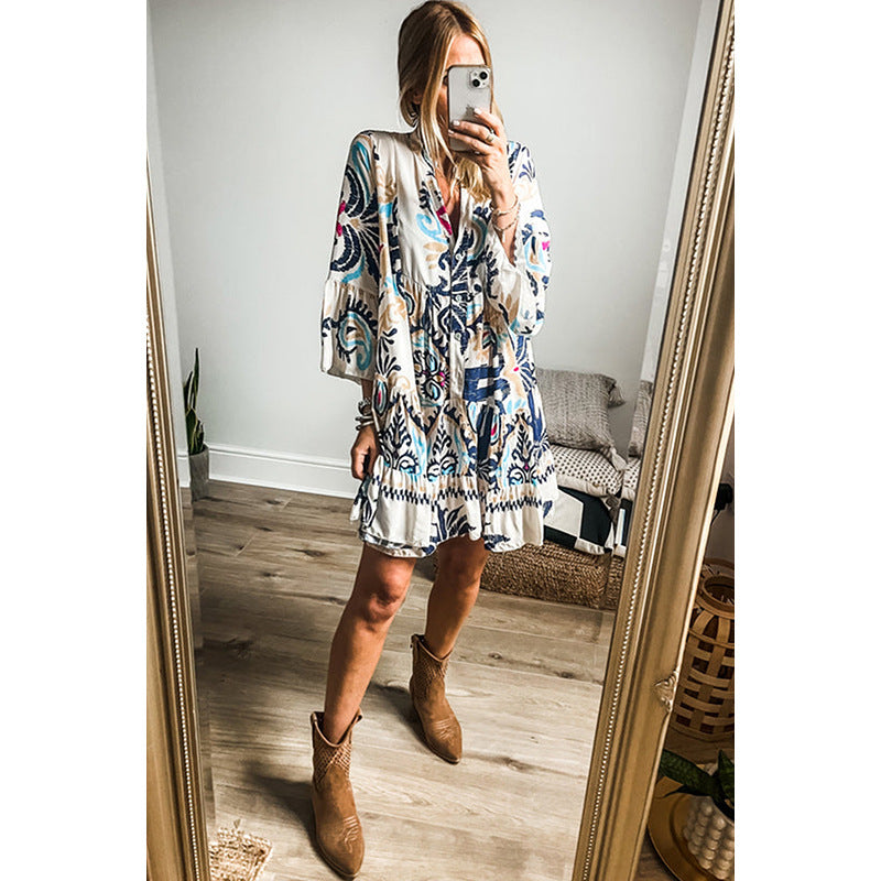 Spring New Pullover V-Neck Seven-Point Sleeve Dress Female National Style Print Knee-Length Skirt Women's Wear