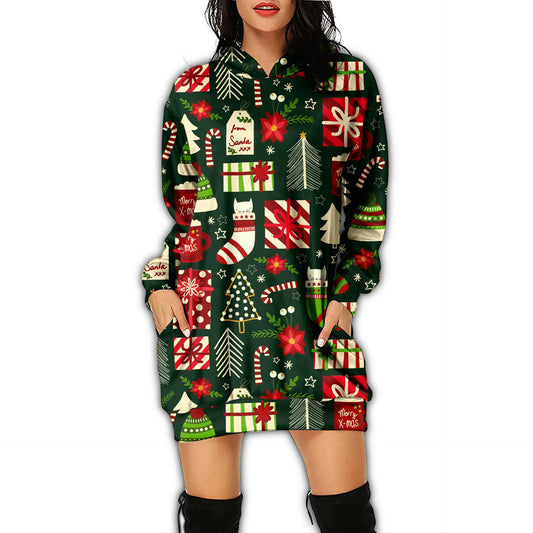 Autumn Women's Print Casual Long-Sleeved Hoodie Dress Christmas Holiday Party Dress