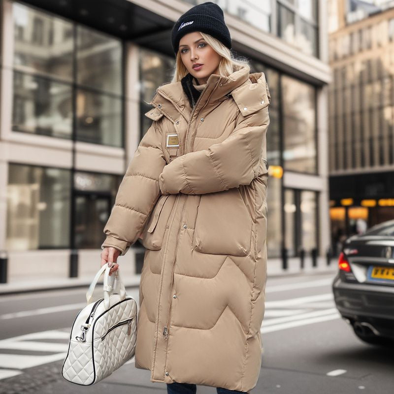 Winter New Detachable Cap Cotton-Padded Women's Mid-Length Over The Knee Thickened Down Padded Women's Coat