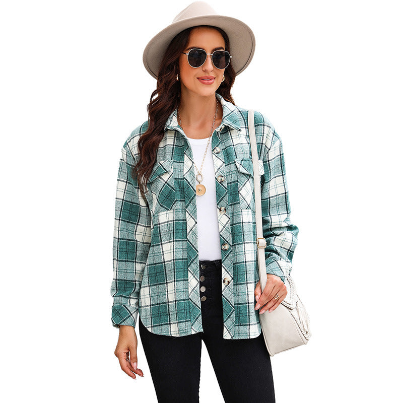 Autumn New Single-Row Multi-Button Long-Sleeved Blouse Women's Thin Casual Plaid Shirt