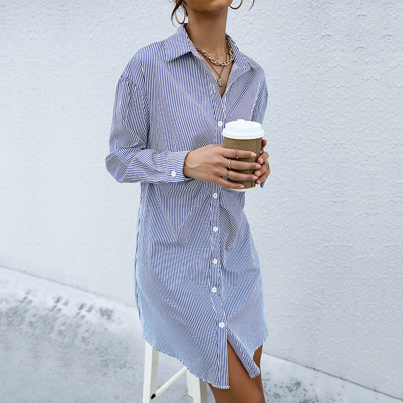 New Long-Sleeved Shirt Skirt Ruffle Lapel Striped Dress