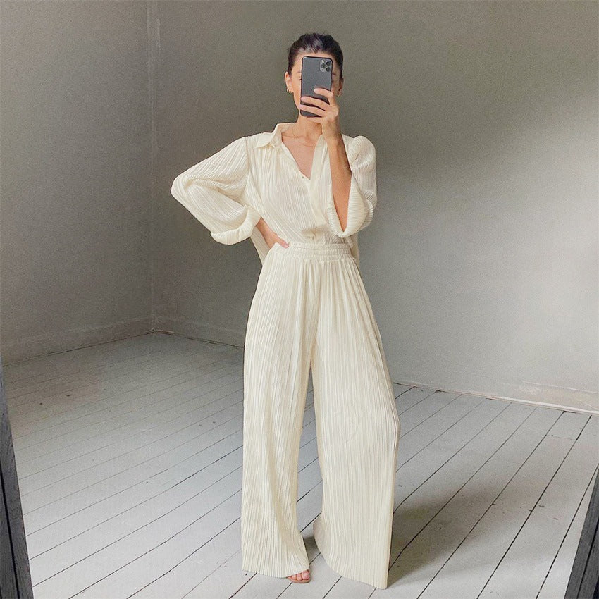 Autumn And Winter New Long-Sleeved Lapel Pleated Shirt Women's Wide-Leg Floor-Length Pleated Pants Suit Solid Color