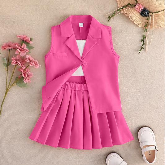 Summer Girls Halter T-Shirt + Skirt + Vest Jacket Three-Piece Pleated Skirt Suit British Style