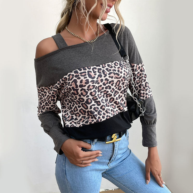 Autumn and Winter New Leopard Print Splicing Top:  Line Collar, Hollowed Out Shoulders, and Casual Elegance