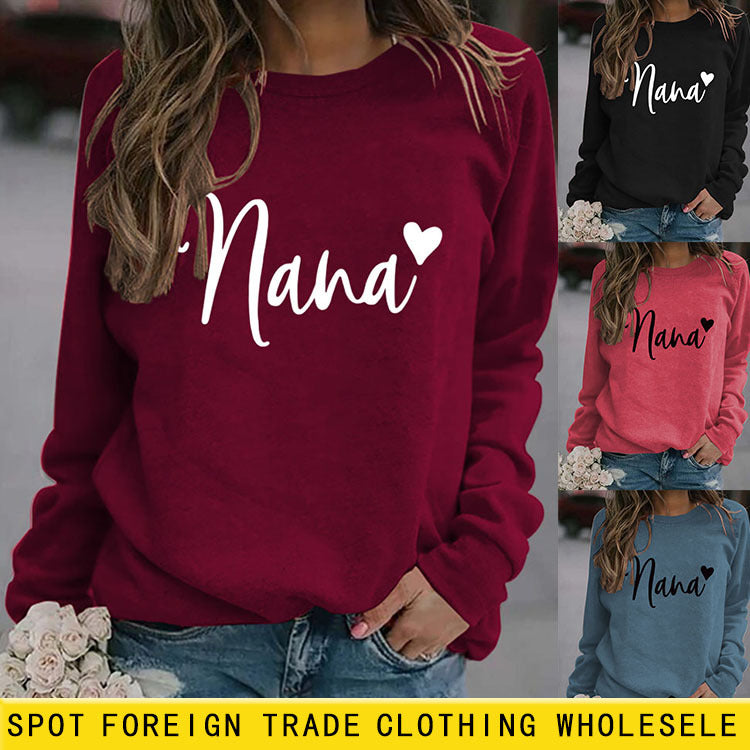 Nana Love Letter Printed Round Neck Long Sleeve Loose Plus Size Hoodie