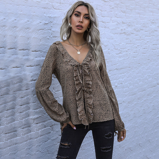 Wind Top Tie Loose V-Neck Long Sleeve Leopard Lace Shirt