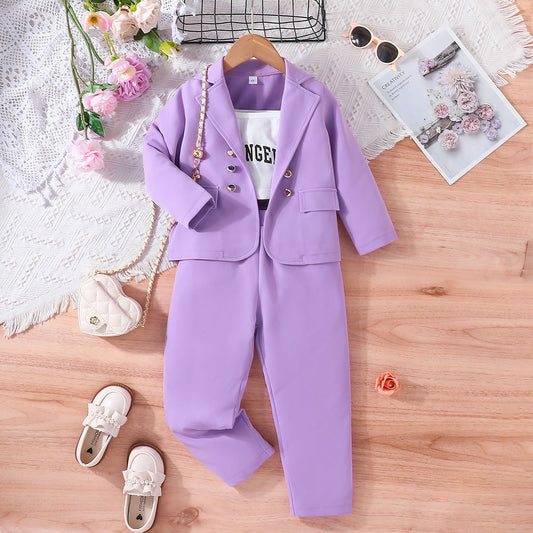 New Girls Spring And Autumn Long-Sleeved Coat + Halter Shirt + Trousers Three-Piece Children's Letter Children's Suit