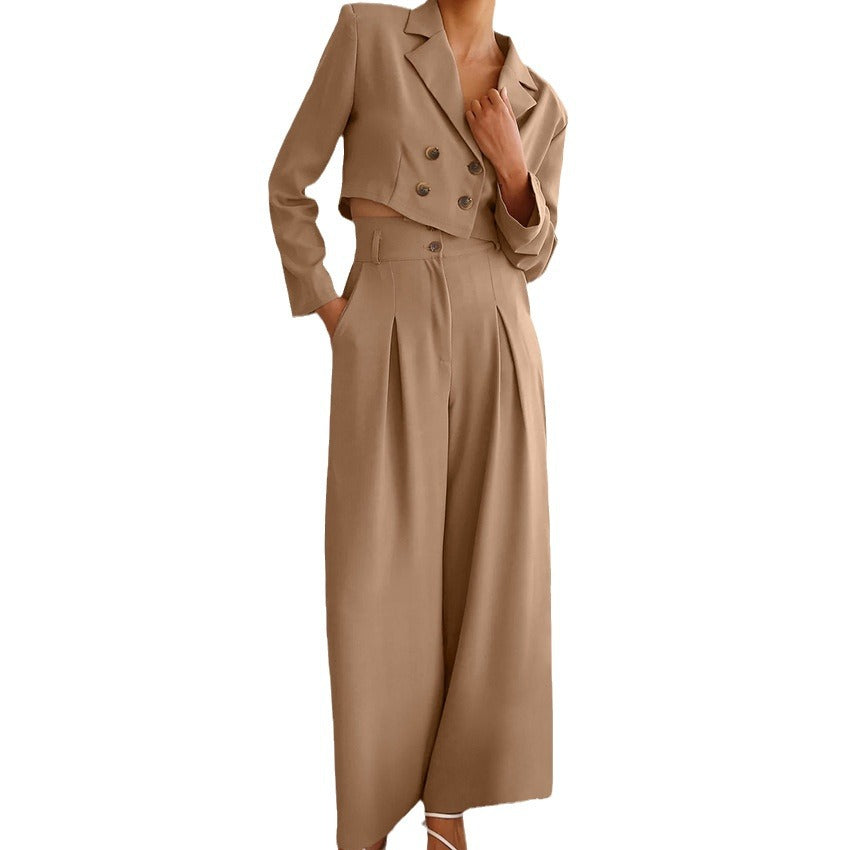 New Fall Fashion Khaki Suit Collar Temperament Short Top High Waist Pant Suit