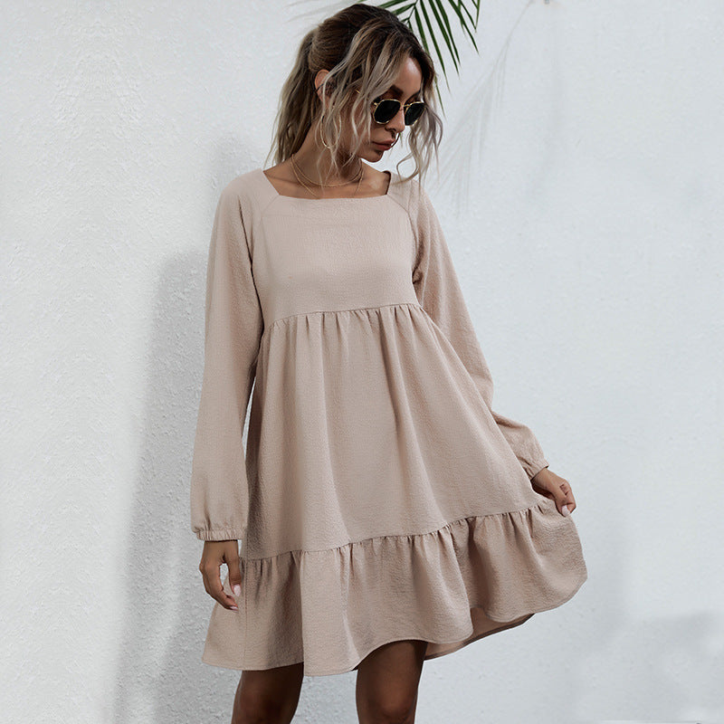 Fashion Women's Backless Ruffled Square Collar Loose Long-Sleeved Dress