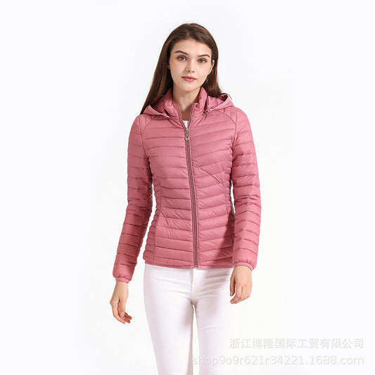 Women's Autumn And Winter Zipper Temperament Commuter Boutique Short With Hat Can Be Detachable Solid Color Stand Collar Light Cotton Jacket