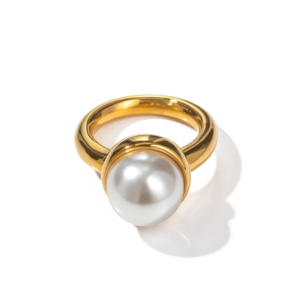 5pcs 18K Gold Stainless Steel Pearl Closed Ring Fashion Ring Individually Packaged Geometric Non-Fading Accessories