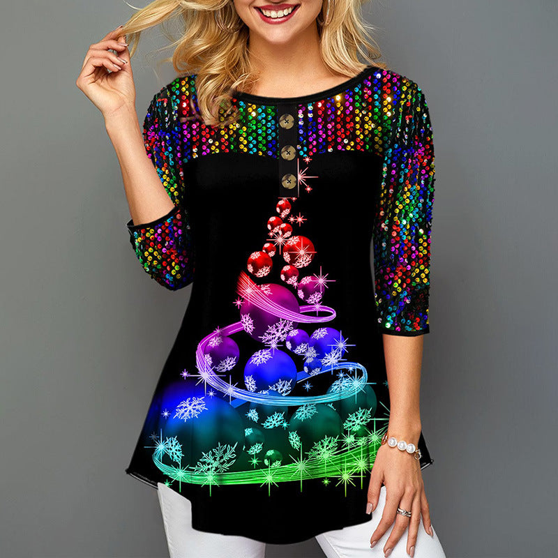 Women's New Christmas Theme Printed Loose Round Neck Mid-Sleeve T-Shirt