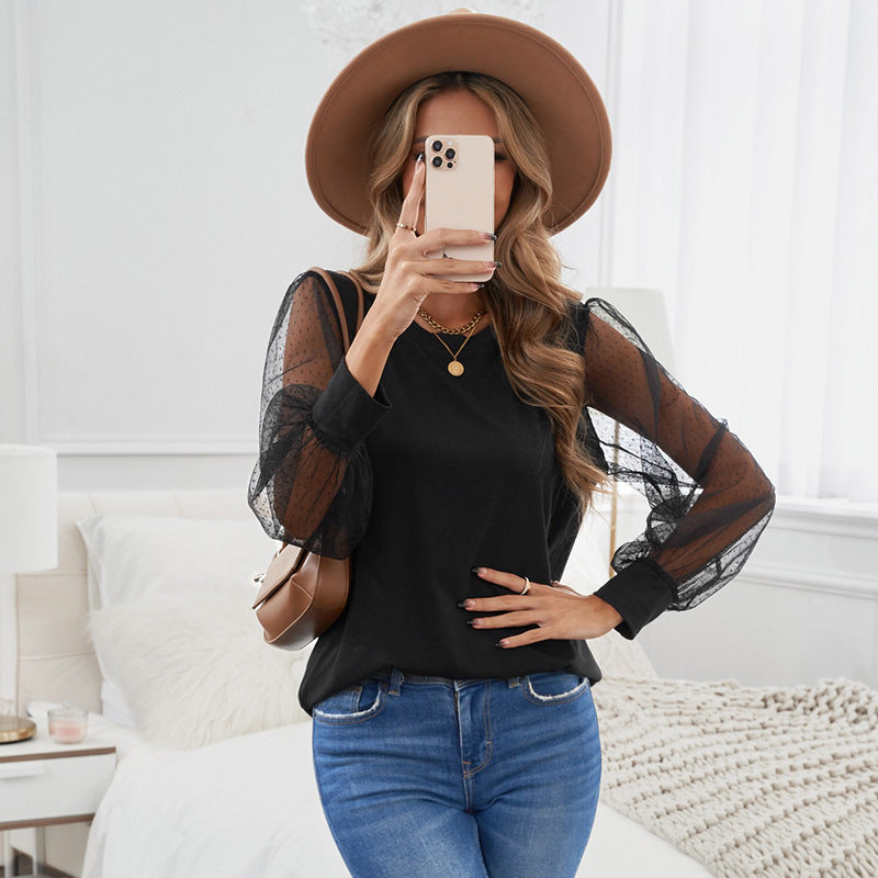 Autumn New Mesh Long Sleeve Blouse Women's Round Neck Pullover Solid Color Chiffon Shirt