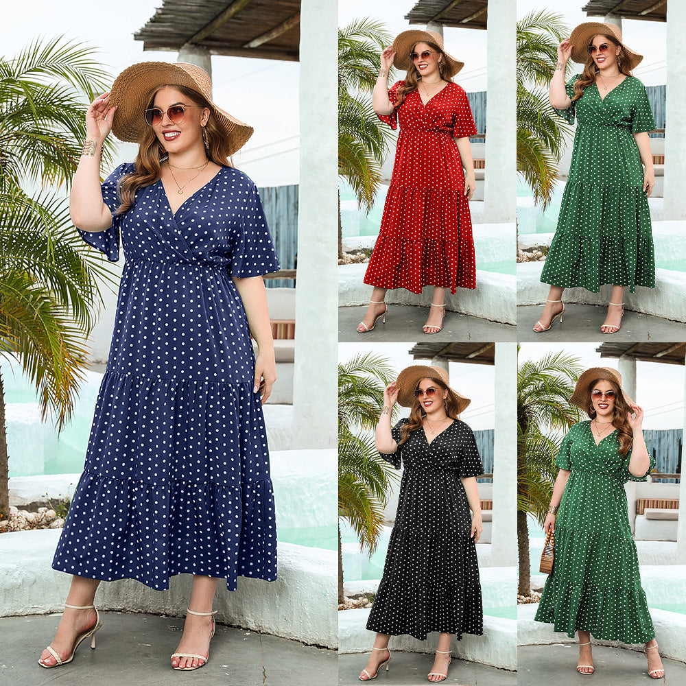 Summer Plus-Size Women's Plus-Size Polka Dot Casual Holiday Dress V-Neck Elegant Swing Midi Skirt