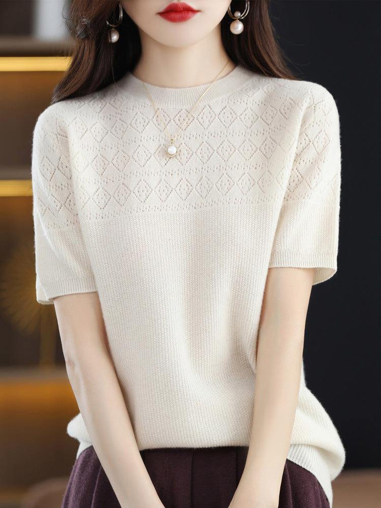 Summer New 100 Knitwear Short Sleeve T-Shirt Women's Round Neck Half Sleeve Thin Hollow Short Top Knitwear