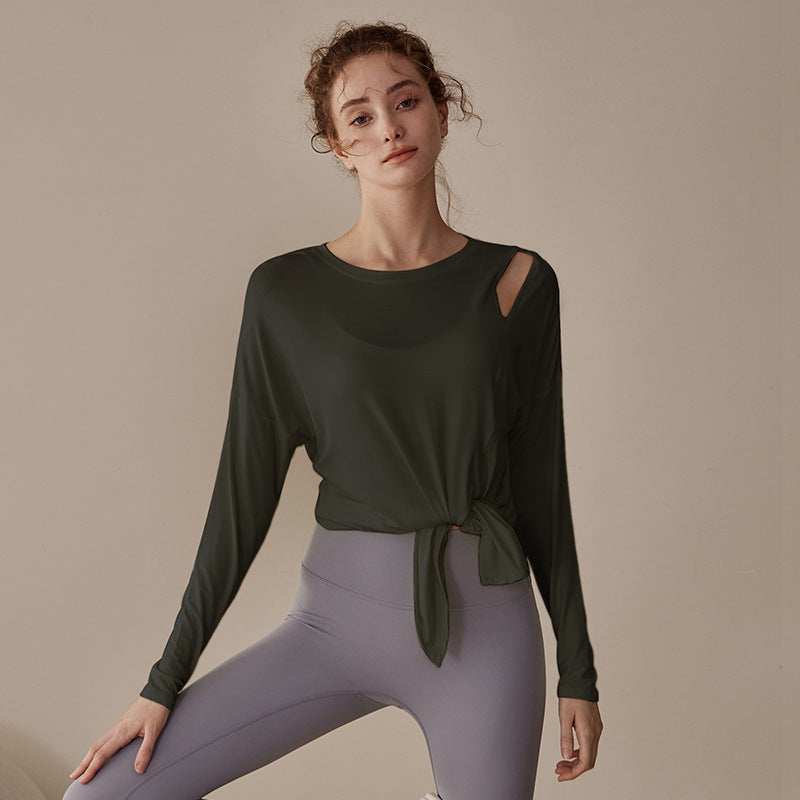 Sports Fitness Yoga Clothing Women's New Lulu Top Long Sleeve T-Shirt Loose Long Open Fork Knot Two Wear Smock