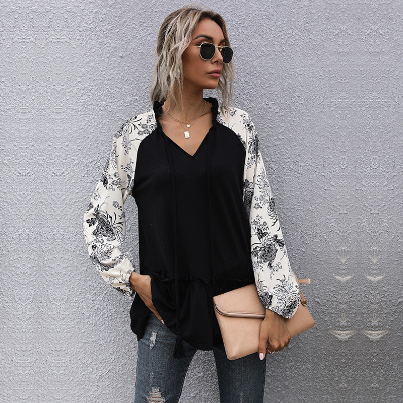 Style Casual Jacket Medium Long Loose Long-Sleeved V-Neck Black T-Shirt