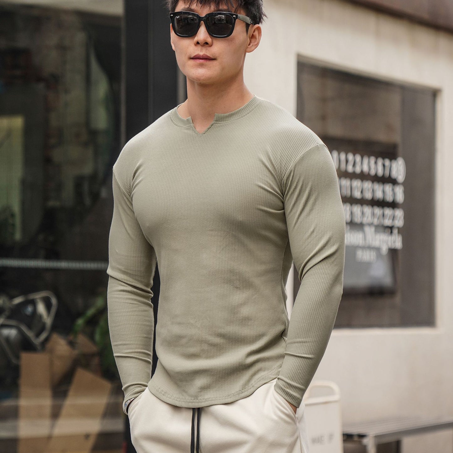 Autumn New Men's Long Sleeve T-Shirt Arc Hem Thread Fabric Comfortable Breathable Casual Clothing Outdoor Sports