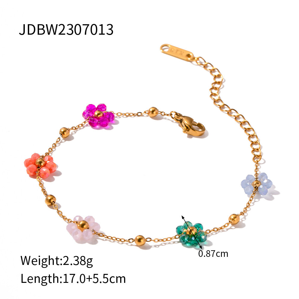 5pcs Bracelet Niche Design Women's 18K Stainless Steel Bracelet Handmade Colorful Small Flower Chain Bracelet