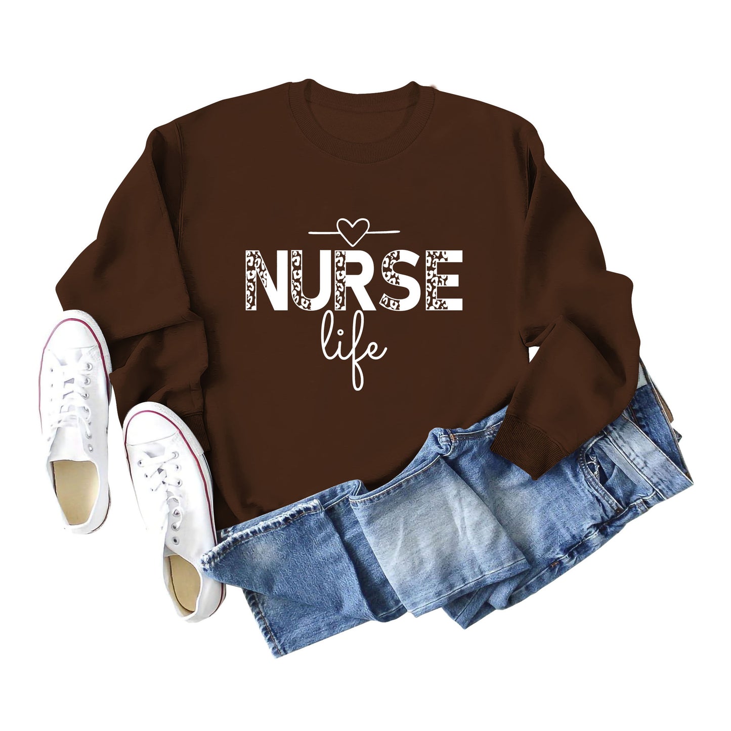 Pullover Crew Neck Top Long Sleeve Nurse Life Print Loose Hoodie