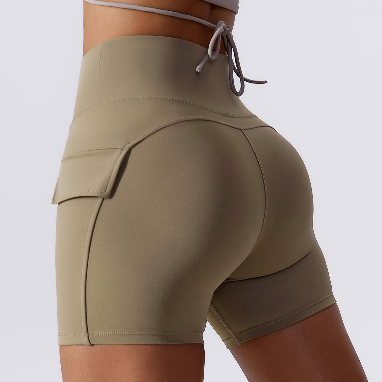 Lycra Nude Yoga Shorts Cargo Pocket Tight Shorts Women's High Waist Quick Dry Running Fitness Pants Women